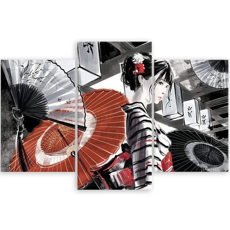 Leinwandbild 3 teilig, Geisha mit einem Fan 
