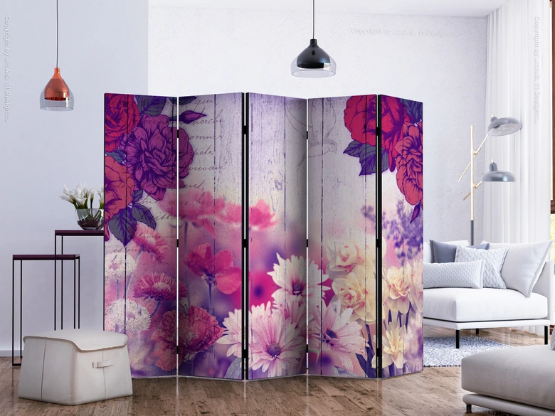 Paravent, Raumteiler freistehend, Trennwand - Flowers Memories II, 5-teilig - einseitig bedruckt - 225x172 cm 