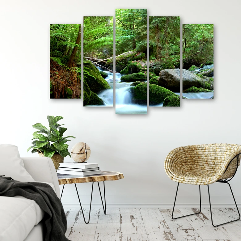 Leinwandbild 5 teilig, Wald Felsen Wasserfall 