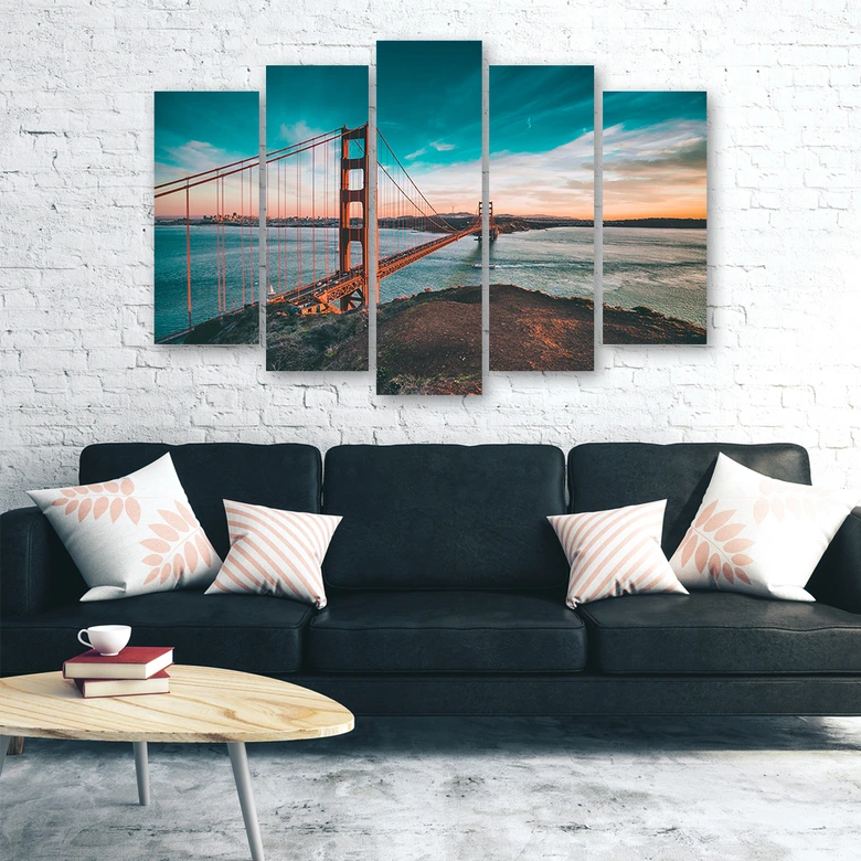 Wandbild 5-teilig, Golden Gate Bridge Türkis 