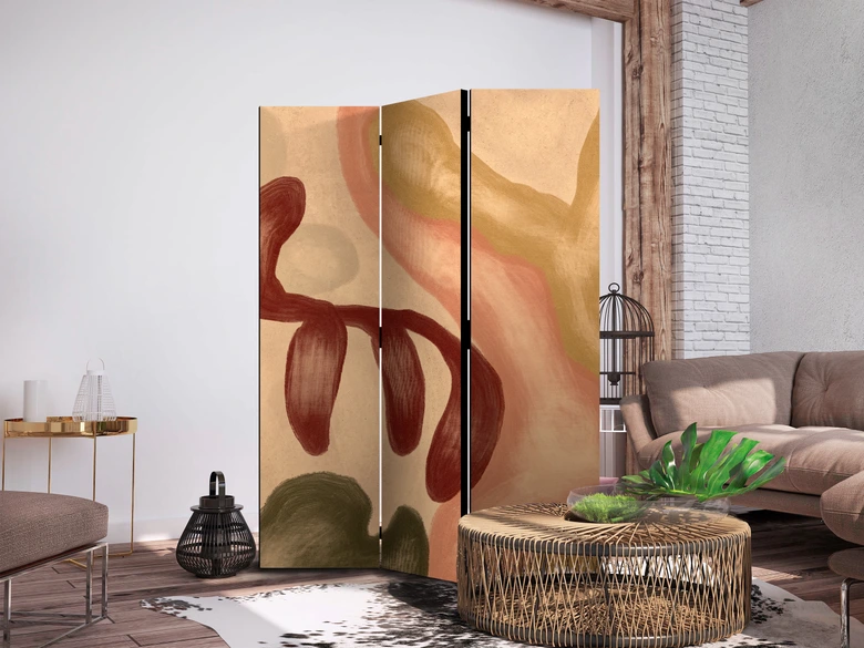 Paravent, Raumteiler freistehend, Trennwand - Worn Figures - Shapes in Lime Wash Technique in Warm Colors 