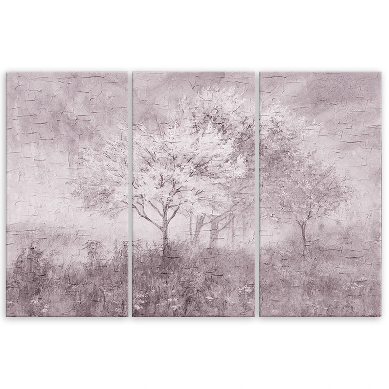 3-delige canvas print een bloeiende boom in de weide oud zwart-wit 