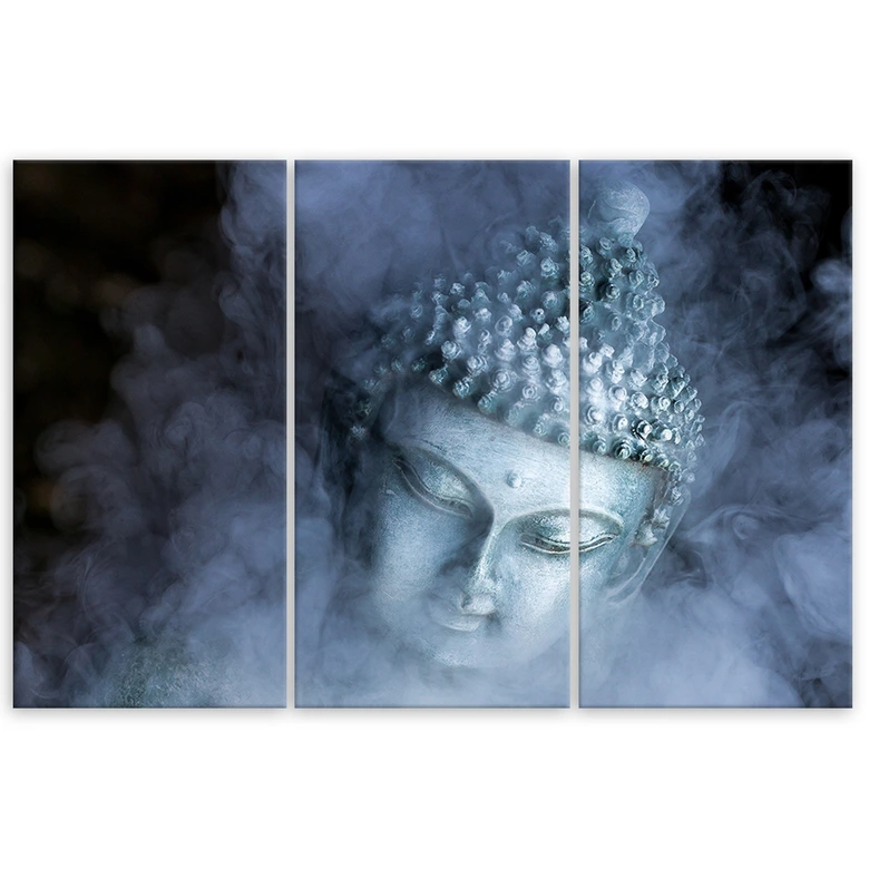 Leinwandbild 3-teilig, Buddha Zen Nebel Blau 