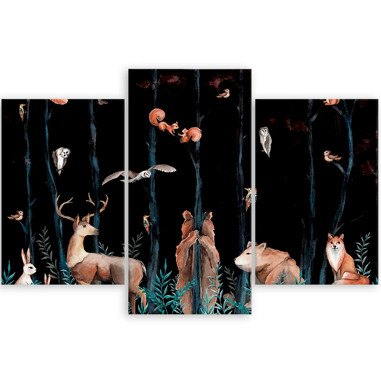 Leinwandbild 3 teilig, Waldtiere Hirschbär Fuchs 