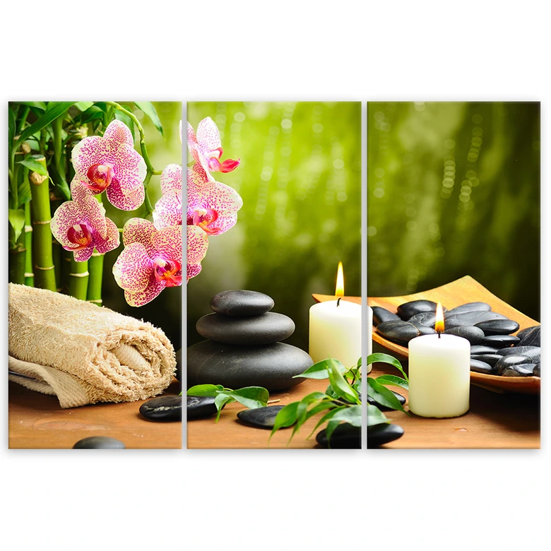 Leinwandbild 3-teilig, Zen-Steine Blumen 