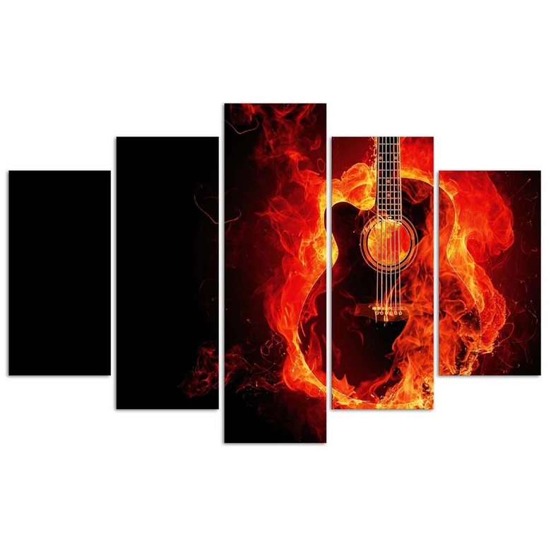 Leinwandbild 5 teilig, Gitarre Musik Feuer 