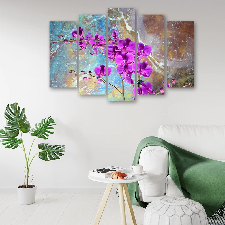 Leinwandbild 5 teilig, Orchidee Blumen Türkis 