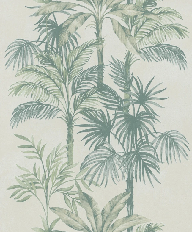 Papel pintado no tejido de color beige verde árboles hojas selva naturaleza floral  