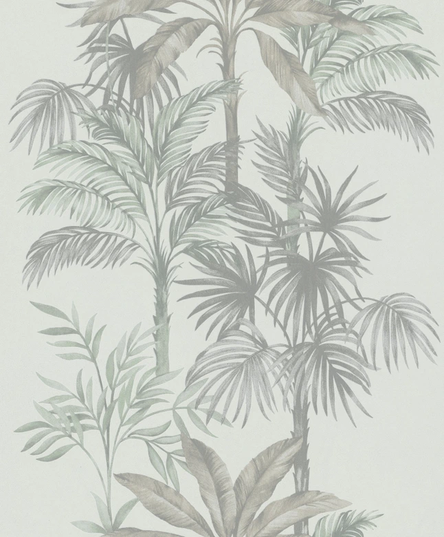 Vliestapete in Grau Grün Bäume Blätter Dschungel Floral Natur  