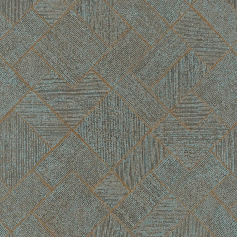 Vliesbehang in blauw, koper geblokt, grafisch geometrisch ruitpatroon 