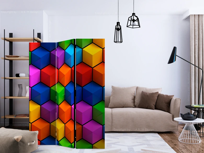 Paravent Séparation de pièce - Boîtes géométriques colorées, 3 pièces 