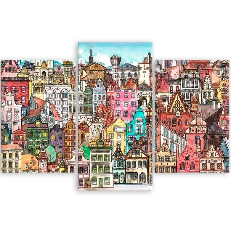 Leinwandbild 3 teilig, Fröhliche Stadt 