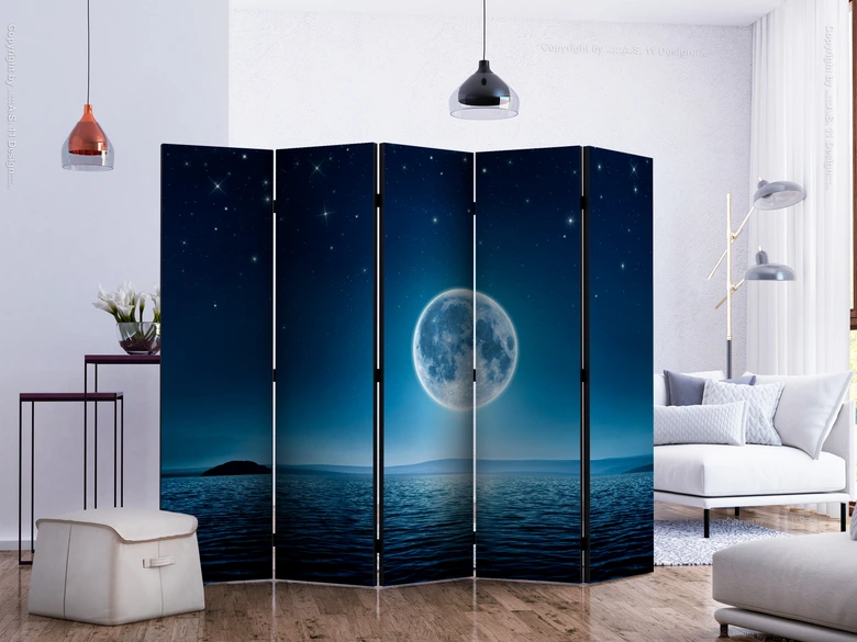 Paravent, Raumteiler freistehend, Trennwand - Moonlit night II, 5-teilig - einseitig bedruckt - 225x172 cm 