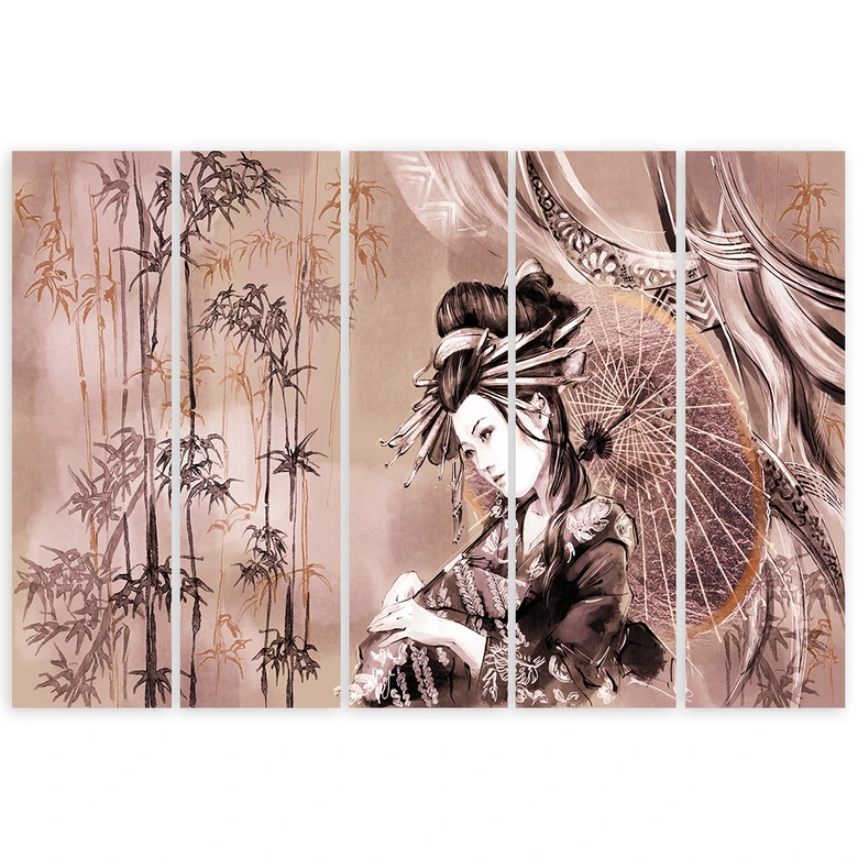 Leinwandbild 5 teilig, Geisha und Bambus 