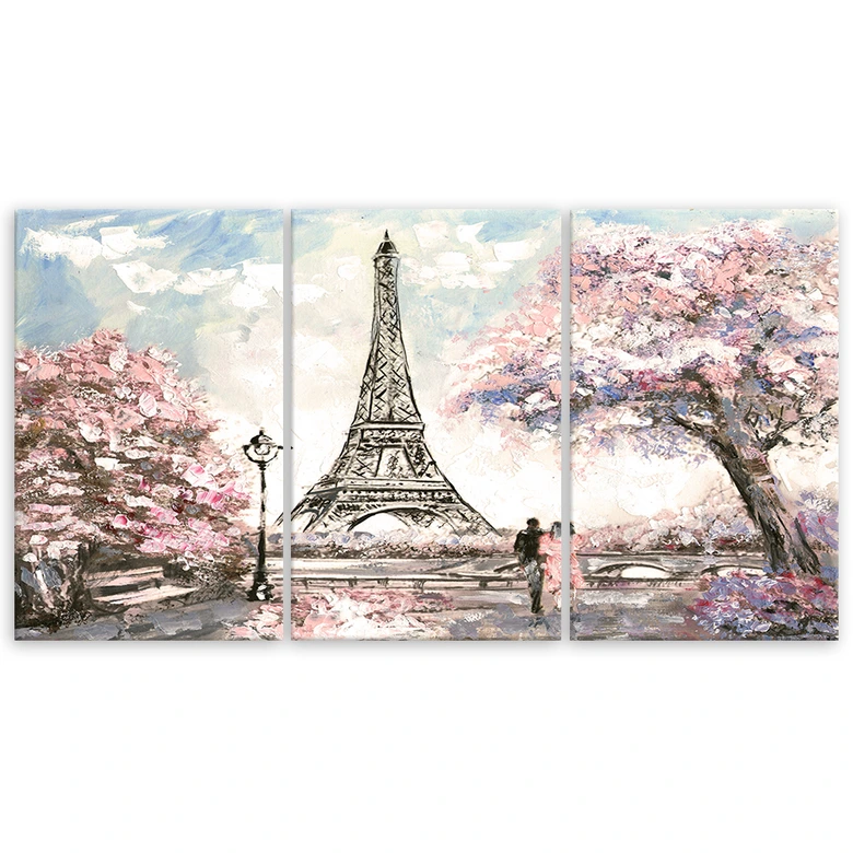 Leinwandbild 3-teilig, Eiffelturm Pastellfarben Rosa 