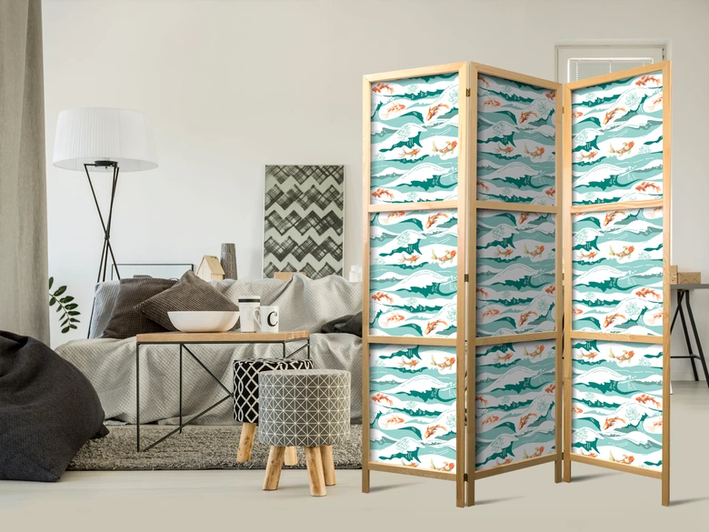 Japanischer Paravent, Raumteiler freistehend, Trennwand - Fish Jumping Over Waves 