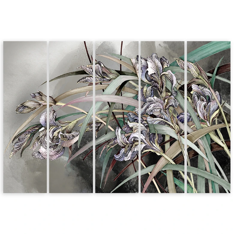 Leinwandbild 5 teilig, Iris Blumen im Wind 