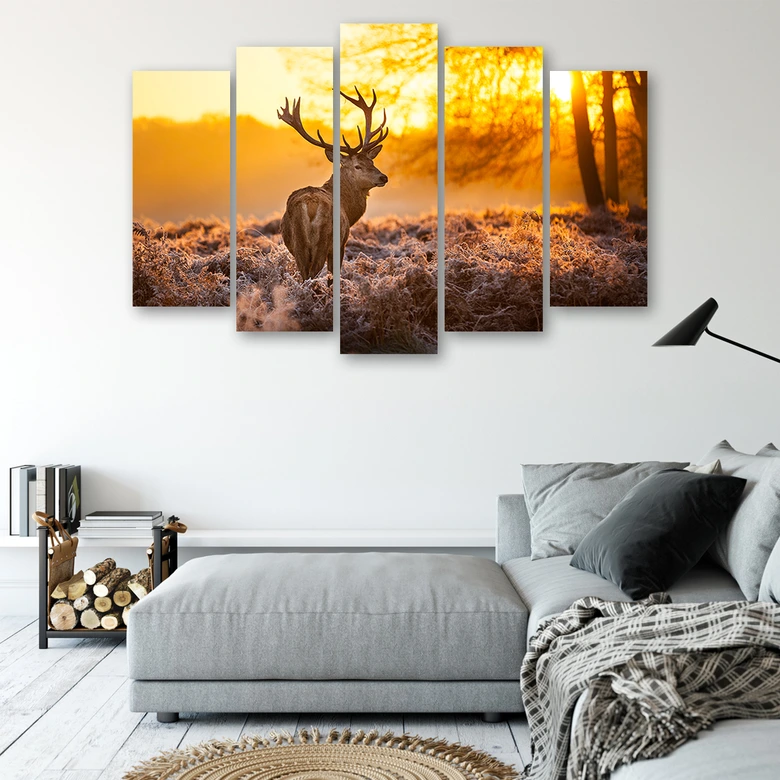 Leinwandbild 5 teilig, Hirschwald Sonnenuntergang 