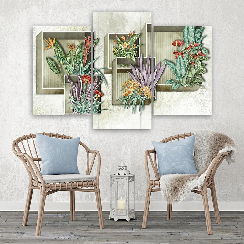 Leinwandbild 3 teilig, Quadratkisten Regale mit Blumen 