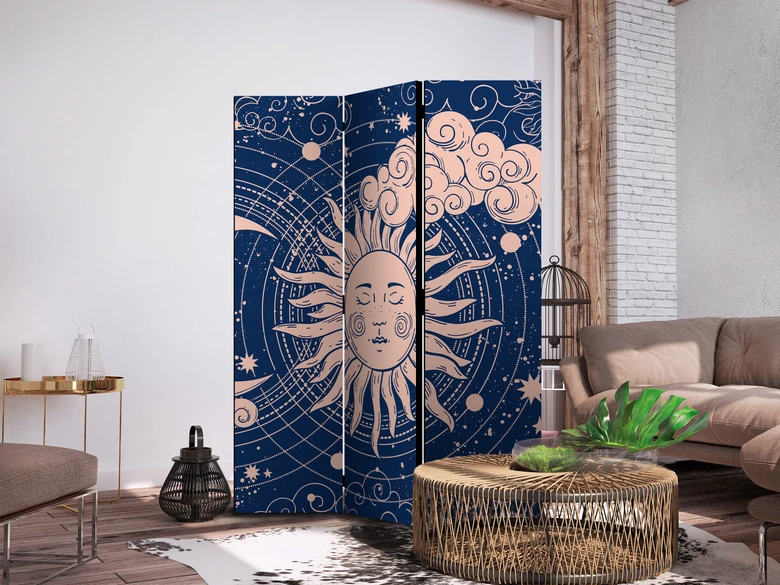 Paravent, Raumteiler freistehend, Trennwand - Cosmic Harmony: Sun and Moon Illustration 