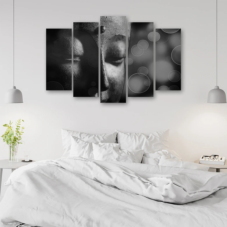 Leinwandbild 5 teilig, Buddha Statue Schwarz und Weiß 