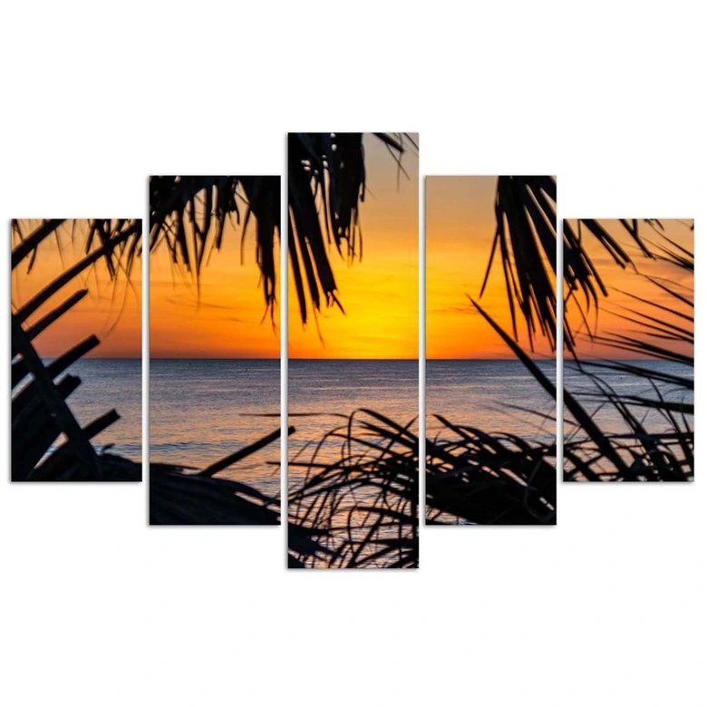 Leinwandbild 5 teilig, Meer Palmen Sonnenuntergang 