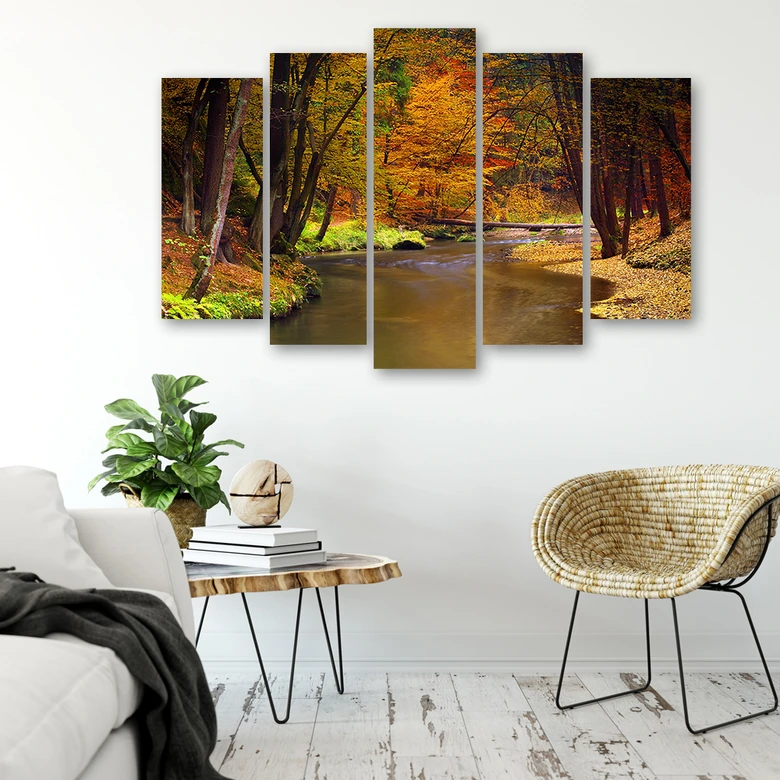 Leinwandbild 5 teilig, Herbstwald Fluss 