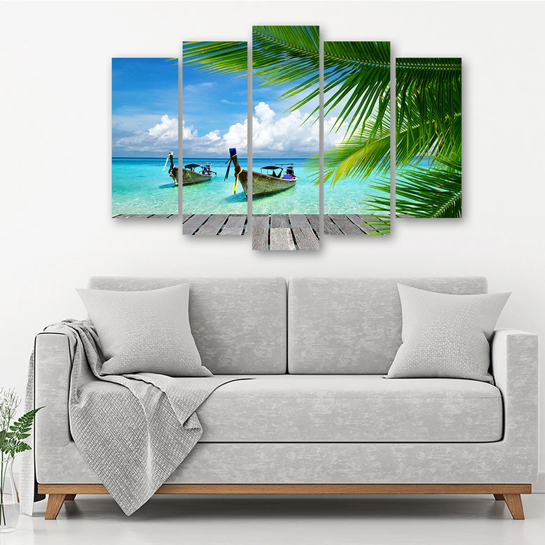 Leinwandbild 5 teilig, Tropischen Strand Meer Boote 
