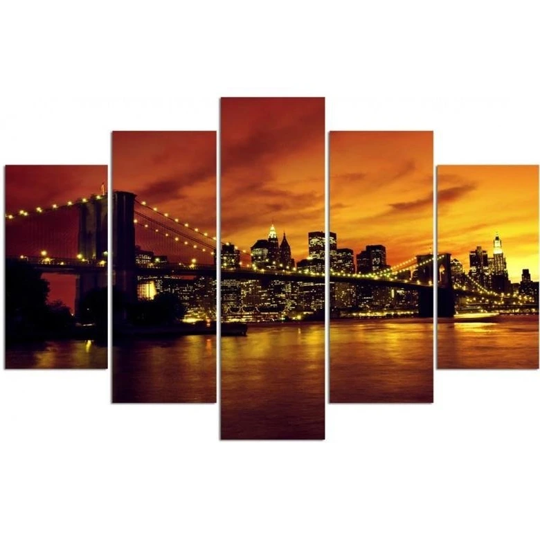 5-delige canvasprint, zonsondergang in New York Manhattan 