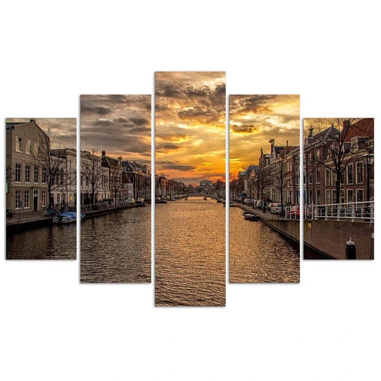 Leinwandbild 5 teilig, Stadt Fluss Sonnenuntergang 
