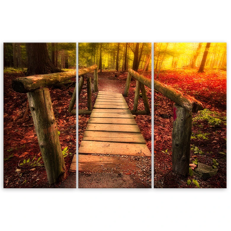 Leinwandbild 3-teilig, Herbst Wald Blätter Steg 