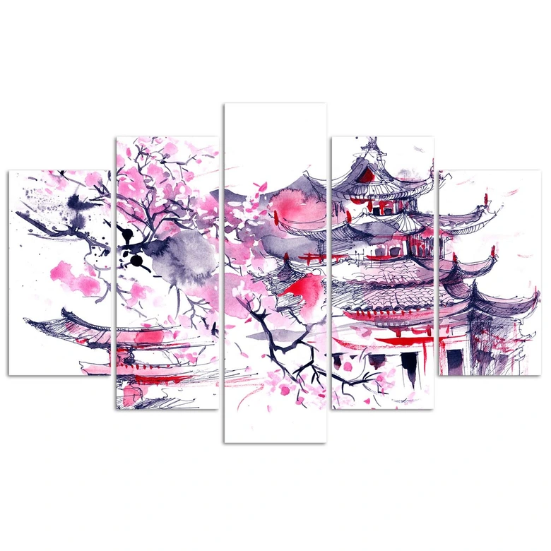 Leinwandbild 5 teilig, Japanische rosa Landschaft 