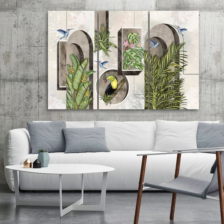 Leinwandbild 3 teilig, Formen in der Wand mit Pflanzen und Vögeln Toucan Koliber 