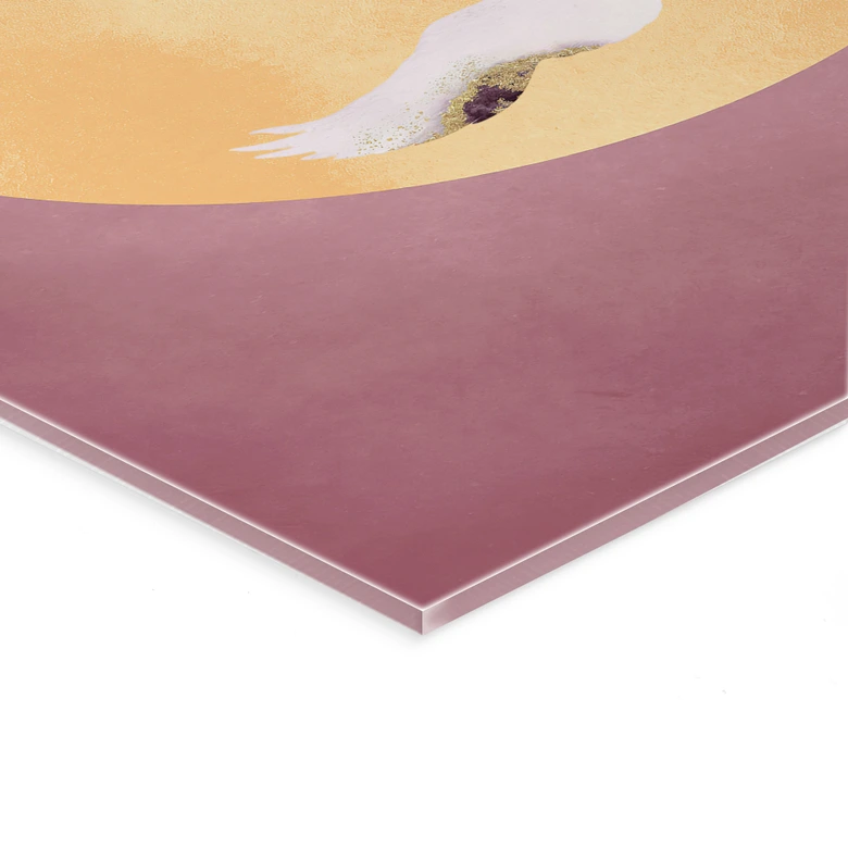 Tableau sur verre acrylique Grues blanches et or dans un ciel rose - Aureous 