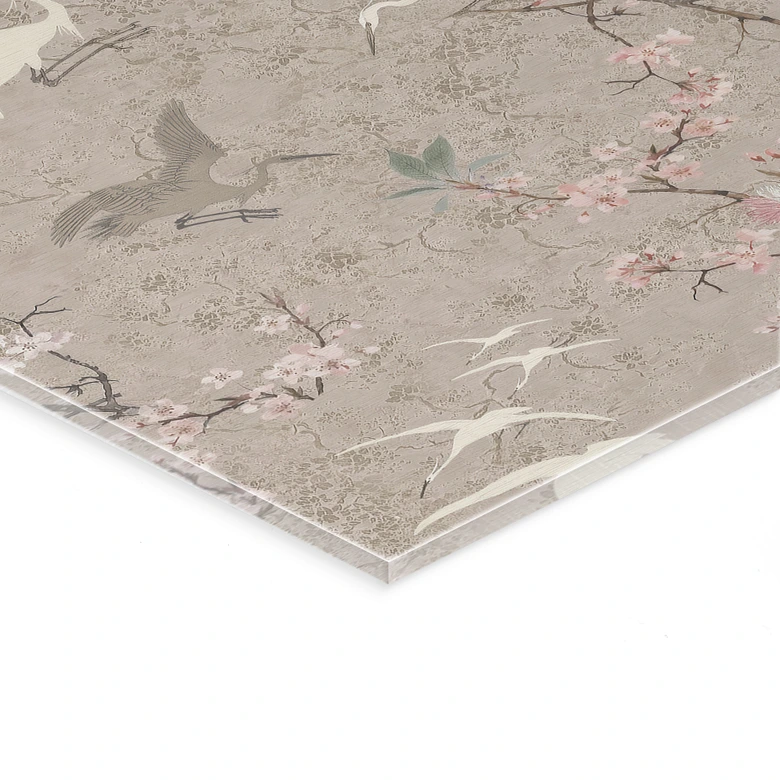 Acrylglasbild Kraniche im Kirschblüten-Rausch Beige - Bloomery Decor 