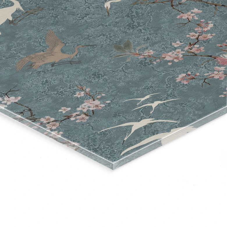 Acrylglasbild Kraniche im Kirschblüten-Rausch Blau - Bloomery Decor 
