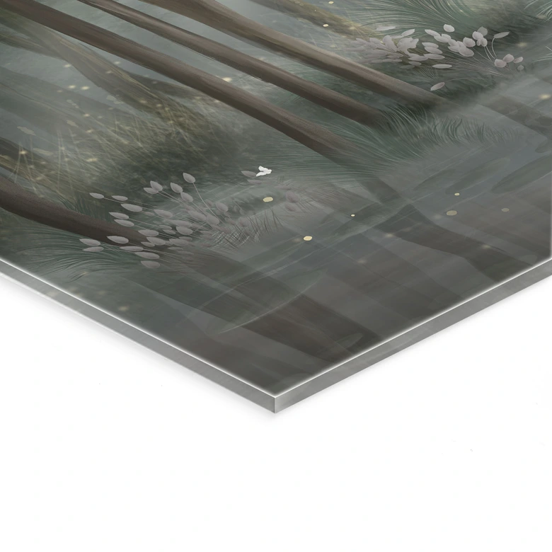 Acrylglasbild Nebelwald am See mit Reiher in Grün - Ms Tiff 