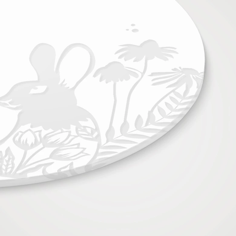 Tableau acrylique, tableau fenêtre à suspendre Lapin dans le pré fleuri - Rond 