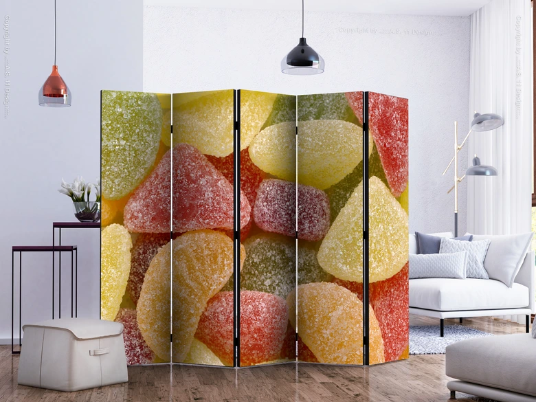 Paravent, Raumteiler freistehend, Trennwand - Tasty fruit jellies II, 5-teilig - einseitig bedruckt - 225x172 cm 