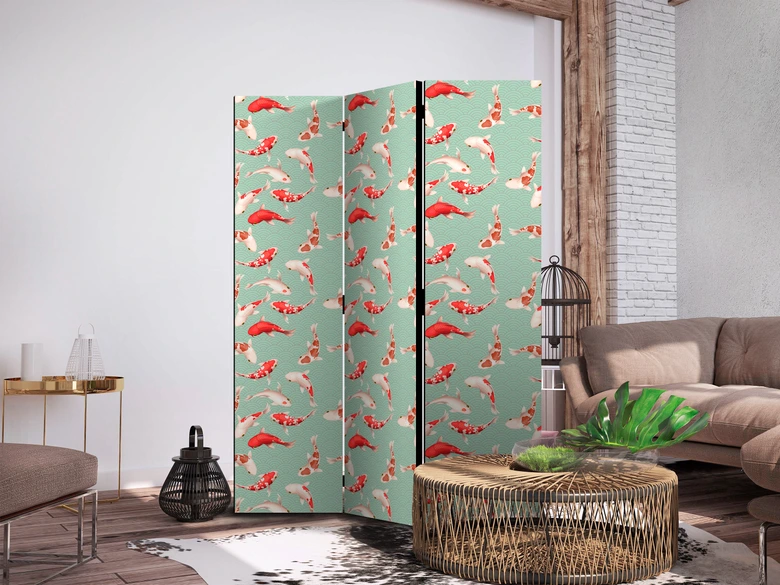 Paravent, Raumteiler freistehend, Trennwand - Fish and Japanese Pattern 