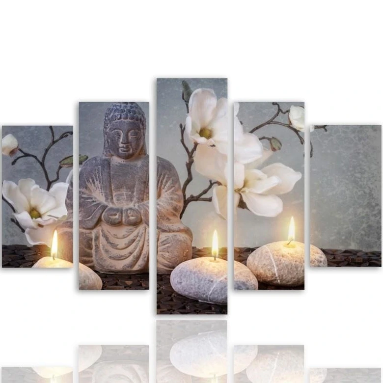 Leinwandbild 5 teilig, Buddha Zen-Steine Blumen 
