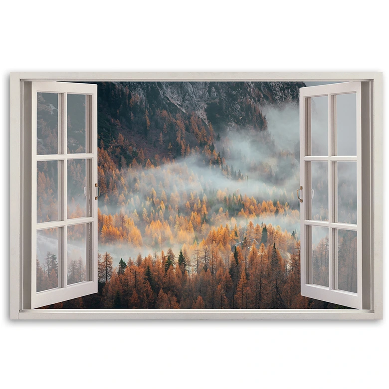 Canvas schilderij, venster uitzicht bos in de mist bergen 