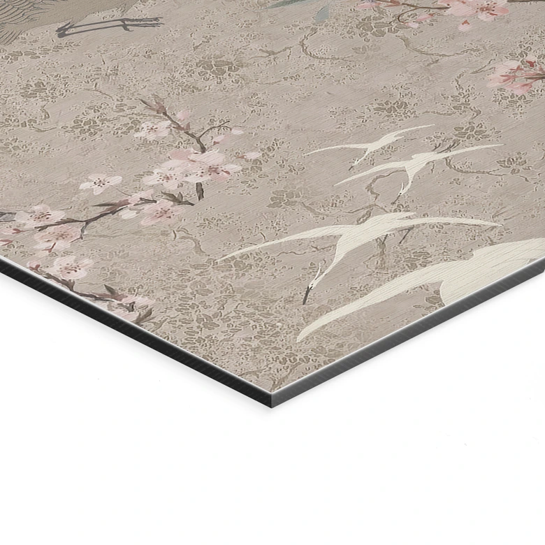 Wanddecoratie Kraanvogels in Kersenbloesem Rush Beige - Bloomery Decor - Aluminium Dibond 