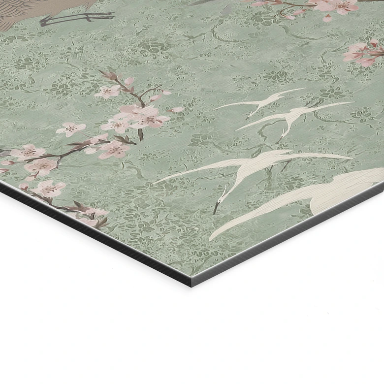 Wandbild Kraniche im Kirschblüten-Rausch Grün - Bloomery Decor - Alu-Dibond 