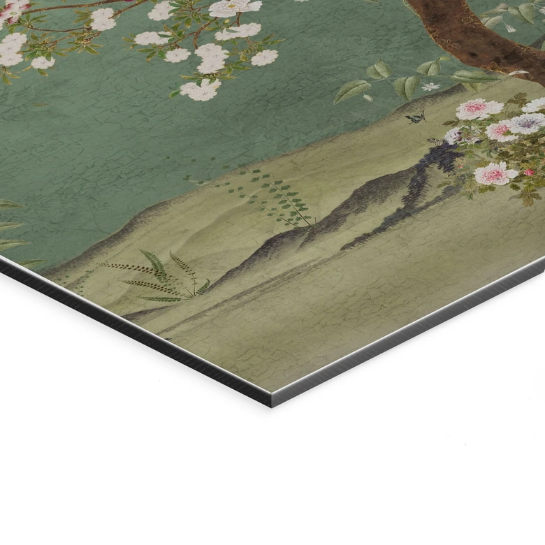 Wandbild Kraniche in floraler Landschaft - Bloomery Decor - Alu-Dibond 