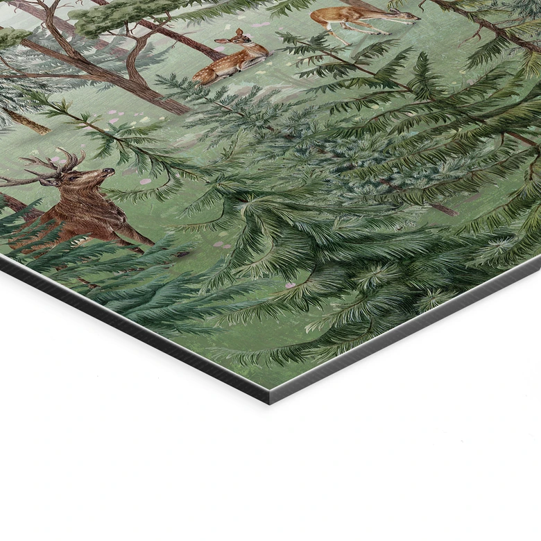 Wandbild Waldtiere im grünen Alpenwald - Kikki Belle - Alu-Dibond 
