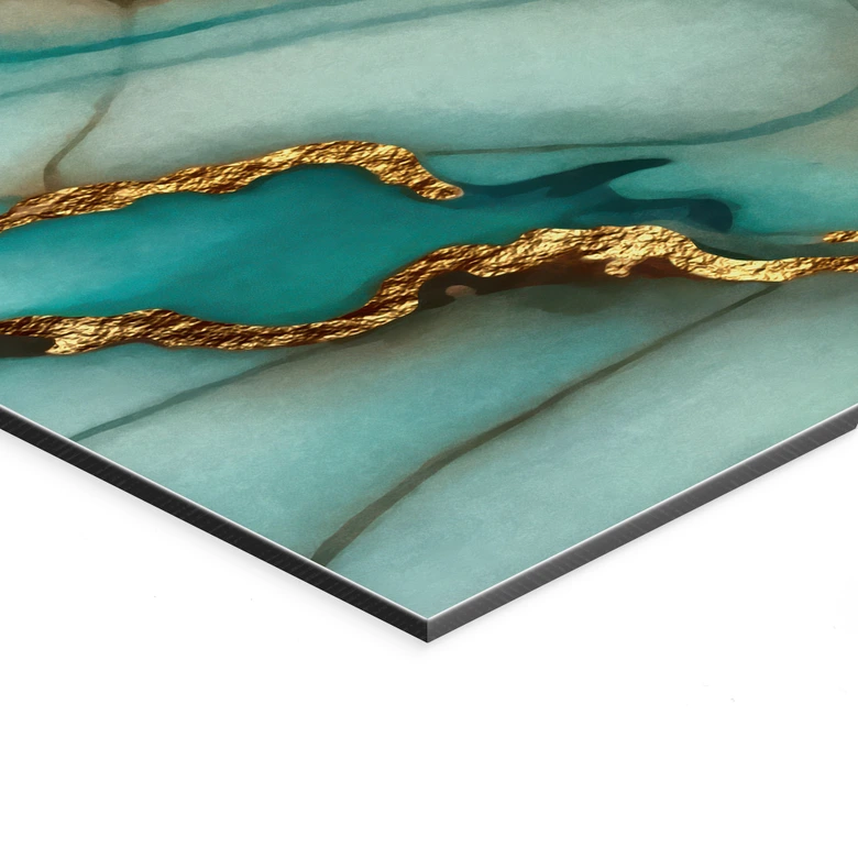 Wandbild Marmorierte Wellen in Türkis und Gold - Haase - Panorama - Alu-Dibond 