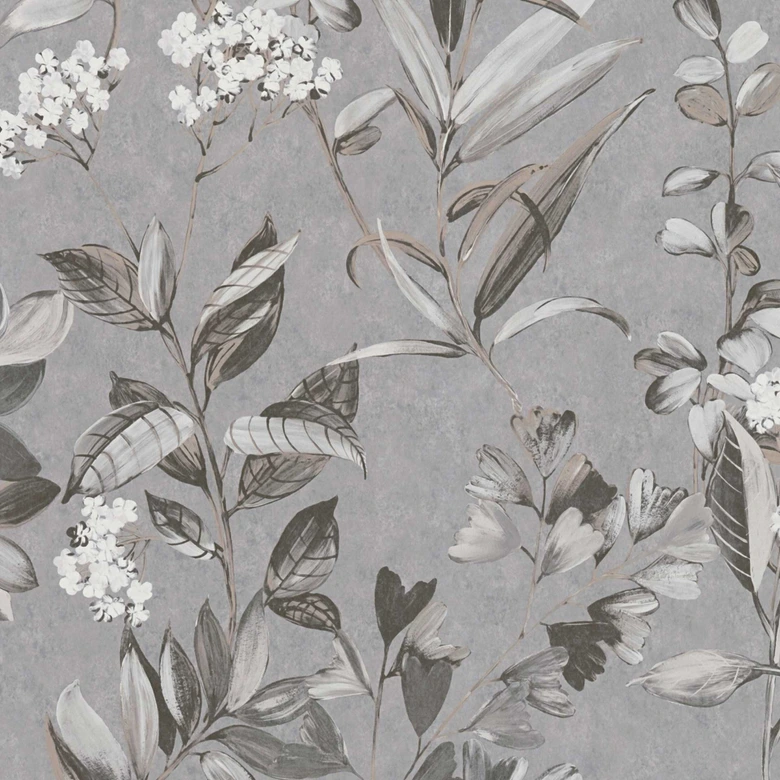 Papier peint fleurs gris blanc - papier peint intissé fleurs style aquarelle 