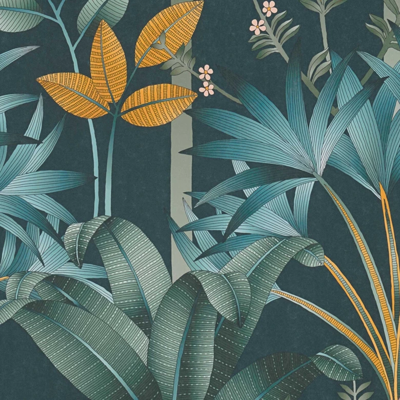 graphic jungle wallpaper blue orange - non-woven wallpaper palm leaves 