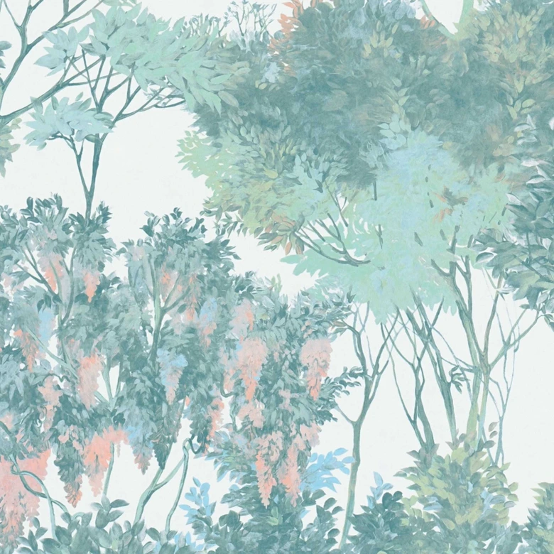 floral fleece wallpaper with trees white green - watercolour wallpaper beige 